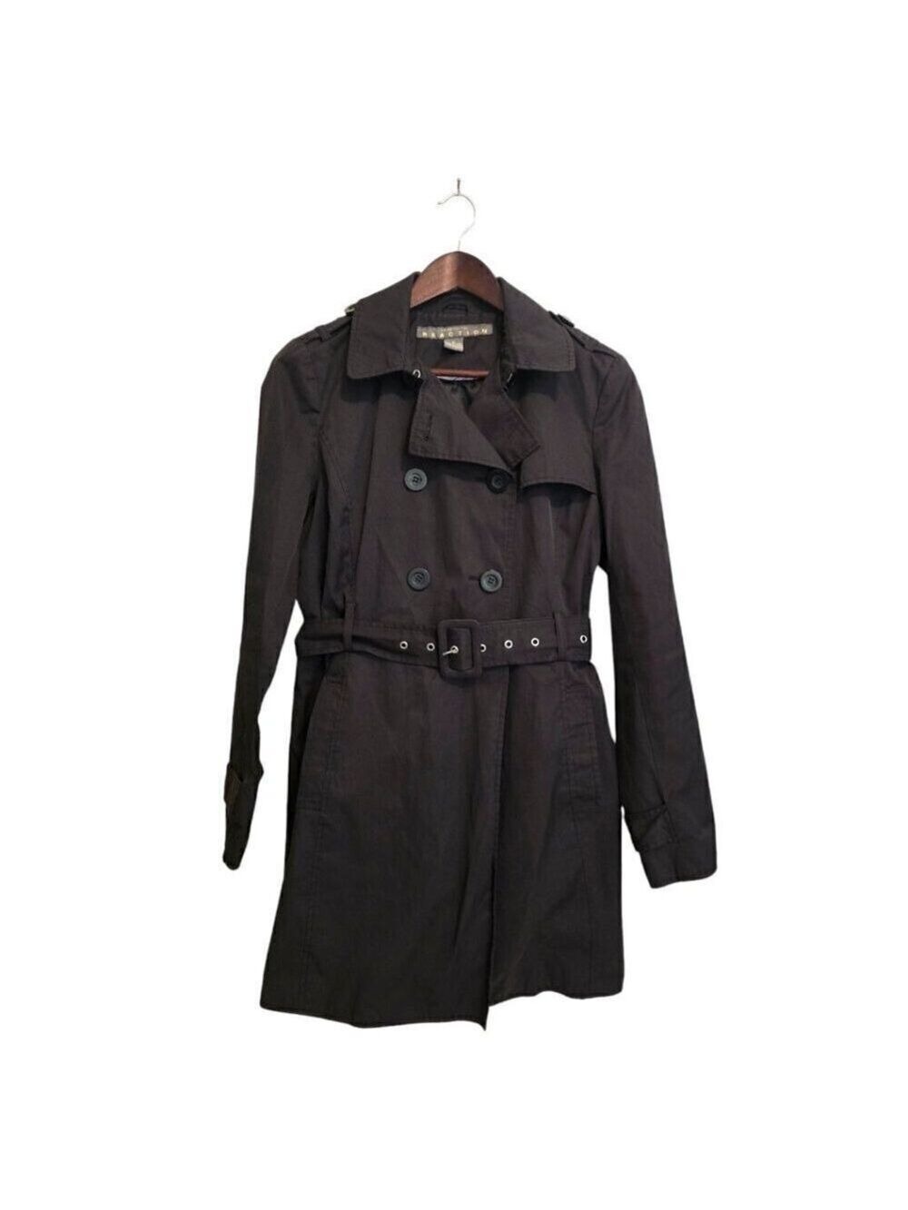 Kenneth Cole Reaction Black Belted Double Breasted Trench Coat Sz M